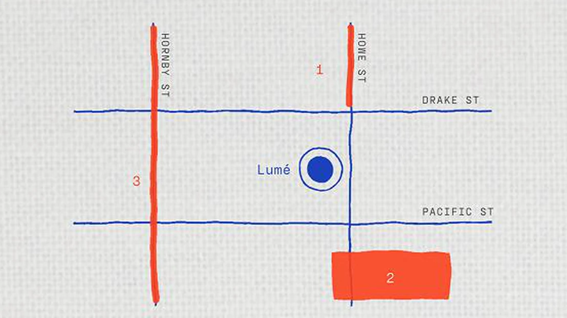 Hand-drawn map of Howe, Hornby, Drake and Pacific streets marking Lumé and the three parking options.